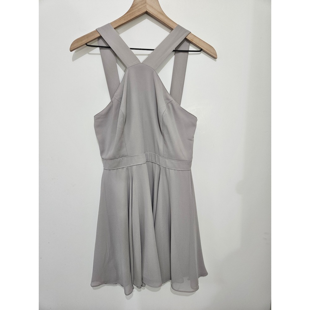 Lulus Grey Halter Mini Dress Crisscross Back Skater Cocktail Dress Womens Medium